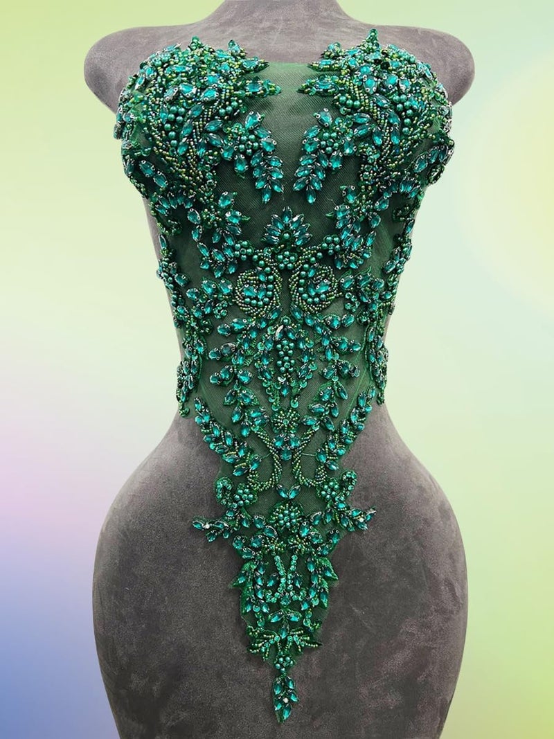 ArtistryXB Handmade Rhinestones Lace Bodice Applique Sew on Beads Sequins Trimming Patches for Dress Clothing Accessories 1Pcs/Bag (Deepgreen) - Image 4